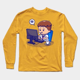 Cute People Tired Working On Computer Cartoon Long Sleeve T-Shirt
